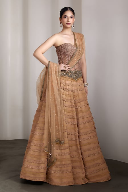 Buy_Rocky Star_Brown Net, Silk Sequins, Beads, Embroidery Sweetheart Embellished Lehenga Set _Online_at_Aza_Fashions