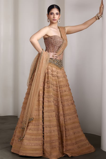 Shop_Rocky Star_Brown Net, Silk Sequins, Beads, Embroidery Sweetheart Embellished Lehenga Set _Online_at_Aza_Fashions