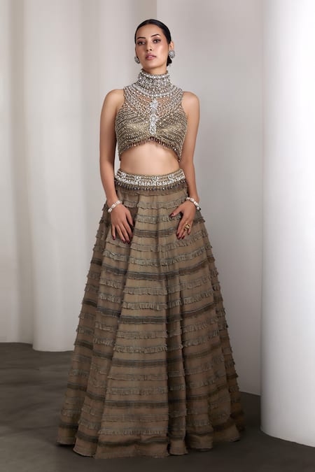 Rocky Star Olive Green Sequins, Embroidery High Neck Embellished Lehenga Set