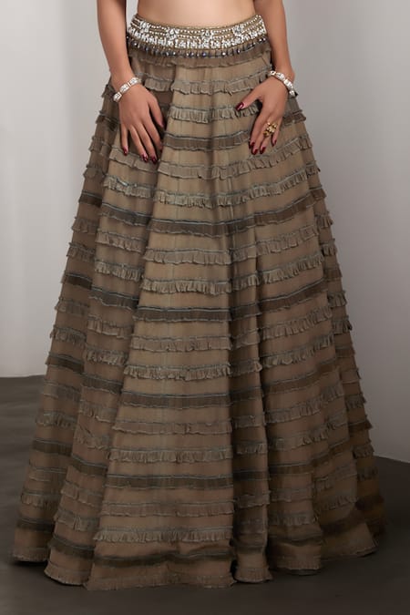 Rocky Star Olive Green Sequins, Embroidery High Neck Embellished Lehenga Set Online at Aza Fashions Rocky Star_Olive Green Sequins, Embroidery High Neck Embellished Lehenga Set _Online_at_Aza_Fashions