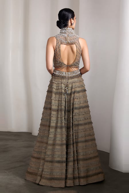 Shop Rocky Star Olive Green Sequins, Embroidery High Neck Embellished Lehenga Set at Aza Fashions Shop_Rocky Star_Olive Green Sequins, Embroidery High Neck Embellished Lehenga Set _at_Aza_Fashions
