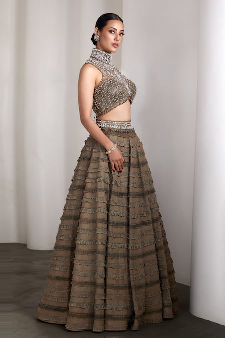Shop Rocky Star Olive Green Sequins, Embroidery High Neck Embellished Lehenga Set Online at Aza Fashions Shop_Rocky Star_Olive Green Sequins, Embroidery High Neck Embellished Lehenga Set _Online_at_Aza_Fashions
