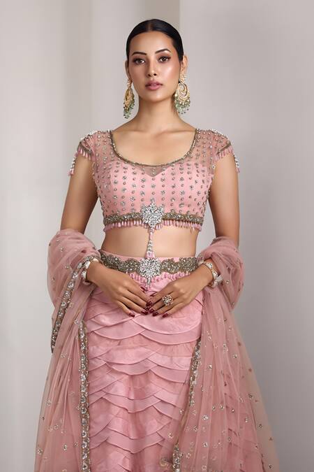Rocky Star Pink Net Sequins, Embroidery, Beads Round Neck Embellished Lehenga Set Online at Aza Fashions Rocky Star_Pink Net Sequins, Embroidery, Beads Round Neck Embellished Lehenga Set _Online_at_Aza_Fashions