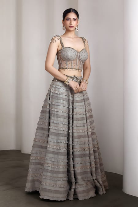 Rocky Star Gray Beads, Sequins Round Neck Embellished Lehenga Set Online at Aza Fashions Rocky Star_Gray Beads, Sequins Round Neck Embellished Lehenga Set _Online_at_Aza_Fashions