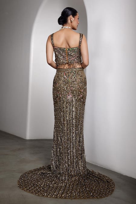 Shop Rocky Star Gold Net Beads, Sequins, Embroidery Square Neck Embellished Lehenga Set at Aza Fashions Shop_Rocky Star_Gold Net Beads, Sequins, Embroidery Square Neck Embellished Lehenga Set _at_Aza_Fashions