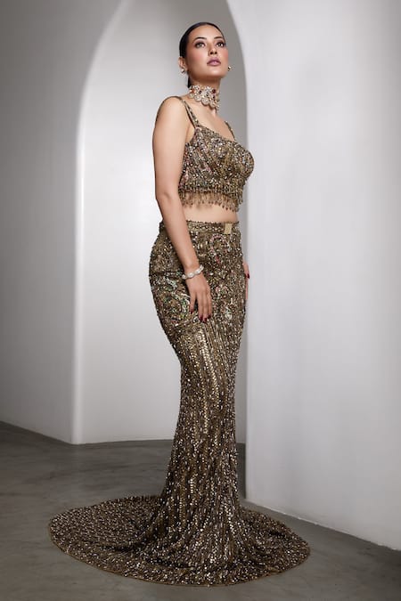 Shop Rocky Star Gold Net Beads, Sequins, Embroidery Square Neck Embellished Lehenga Set Online at Aza Fashions Shop_Rocky Star_Gold Net Beads, Sequins, Embroidery Square Neck Embellished Lehenga Set _Online_at_Aza_Fashions