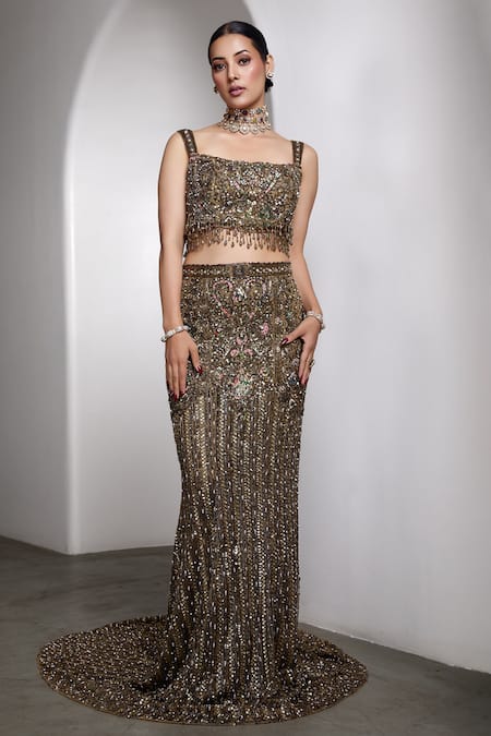 Rocky Star Gold Net Beads, Sequins, Embroidery Square Neck Embellished Lehenga Set