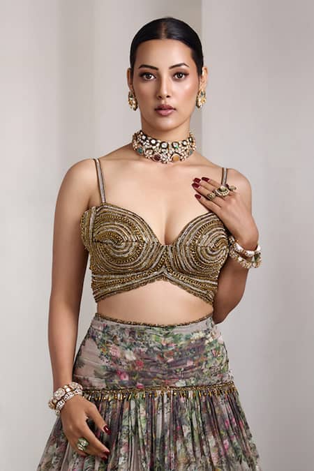 Rocky Star Beige Embroidery Sweetheart Neck Embellished Lehenga Set Online at Aza Fashions Rocky Star_Beige Embroidery Sweetheart Neck Embellished Lehenga Set _Online_at_Aza_Fashions