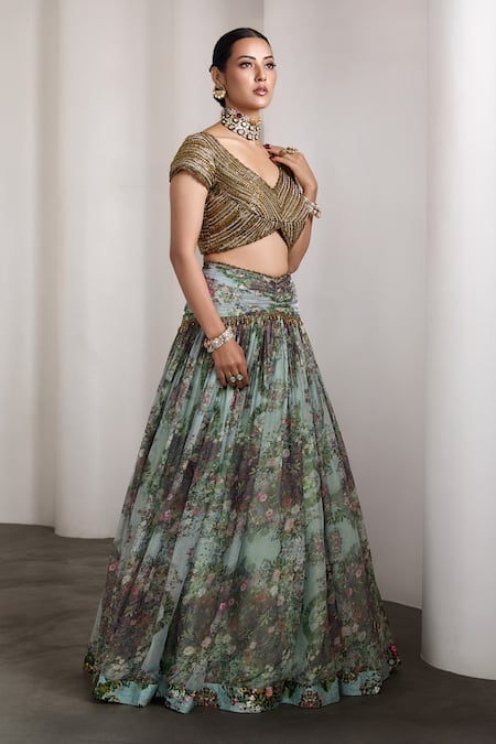 Buy_Rocky Star_Blue Embroidery, Beads Plunge Neck Floral Pattern Lehenga Set _Online_at_Aza_Fashions