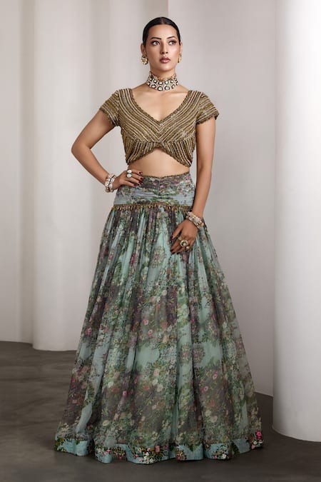 Shop_Rocky Star_Blue Embroidery, Beads Plunge Neck Floral Pattern Lehenga Set _Online_at_Aza_Fashions