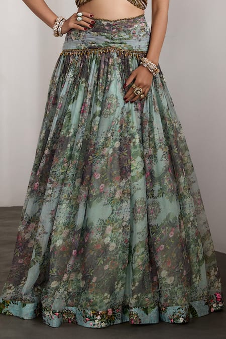 Rocky Star_Blue Embroidery, Beads Plunge Neck Floral Pattern Lehenga Set _at_Aza_Fashions