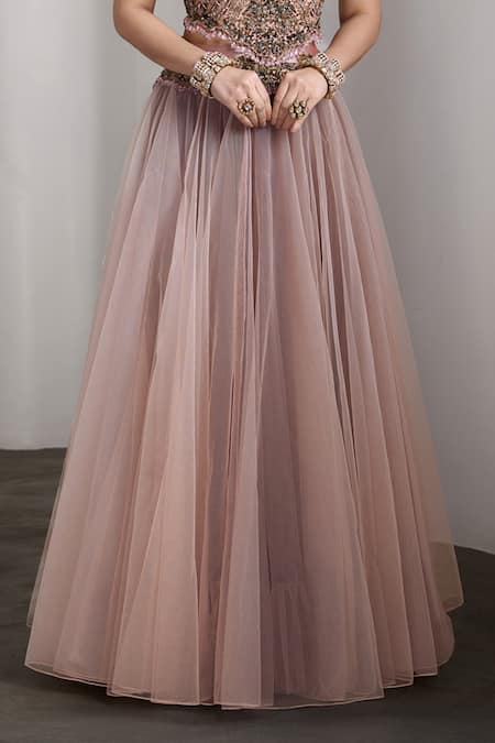 Buy_Rocky Star_Pink Net Sequins, Embroidery Round Neck Embellished Blouse And Lehenga Set _Online_at_Aza_Fashions