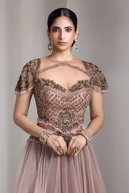 Shop_Rocky Star_Pink Net Sequins, Embroidery Round Neck Embellished Blouse And Lehenga Set _Online_at_Aza_Fashions