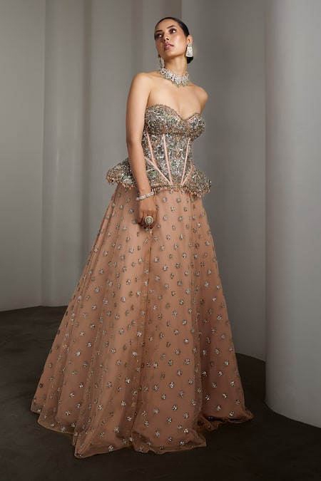Shop_Rocky Star_Pink Net Sequins, Beads Sweetheart Neck Embellished Corset And Lehenga Set _Online_at_Aza_Fashions