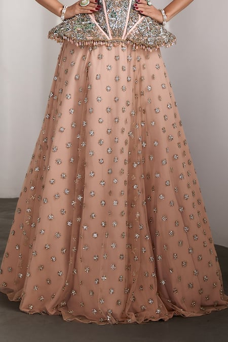 Rocky Star_Pink Net Sequins, Beads Sweetheart Neck Embellished Corset And Lehenga Set _at_Aza_Fashions