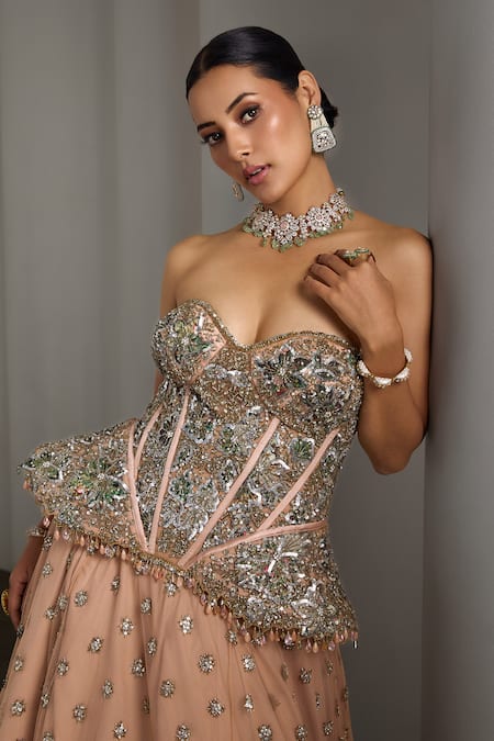 Buy_Rocky Star_Pink Net Sequins, Beads Sweetheart Neck Embellished Corset And Lehenga Set 
