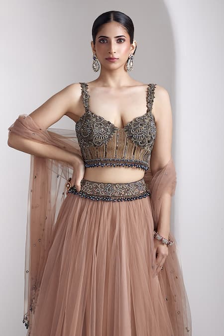 Shop_Rocky Star_Pink Net Sequins Sweetheart Neck Embellished Blouse And Lehenga Set _Online_at_Aza_Fashions