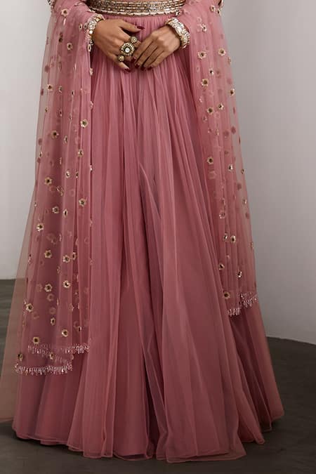 Rocky Star_Pink Net Sequins, Embroidery Round Neck Embellished Blouse And Lehenga Set _Online_at_Aza_Fashions