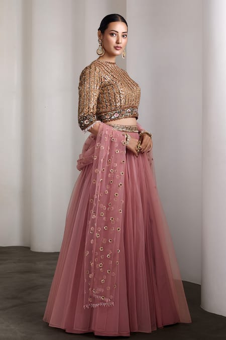 Buy_Rocky Star_Pink Net Sequins, Embroidery Round Neck Embellished Blouse And Lehenga Set _Online_at_Aza_Fashions