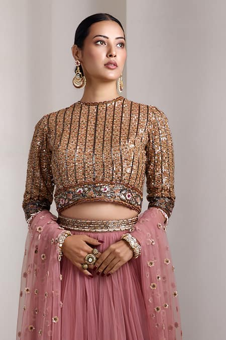 Shop_Rocky Star_Pink Net Sequins, Embroidery Round Neck Embellished Blouse And Lehenga Set _Online_at_Aza_Fashions