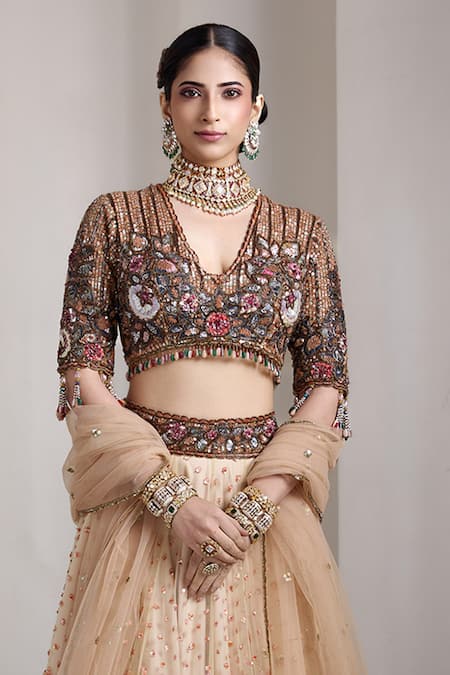 Rocky Star_Ivory Net Sequins, Embroidery V-neck Embellished Blouse And Lehenga Set _Online_at_Aza_Fashions