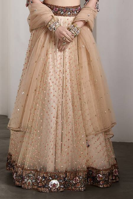 Shop_Rocky Star_Ivory Net Sequins, Embroidery V-neck Embellished Blouse And Lehenga Set _Online_at_Aza_Fashions