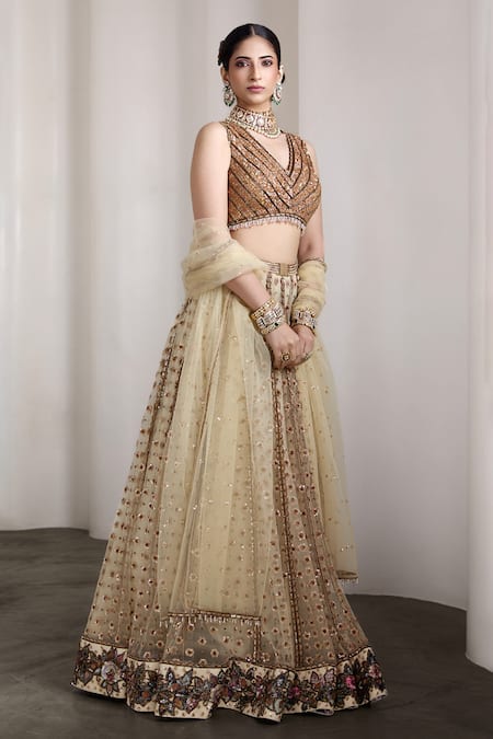 Buy_Rocky Star_Ivory Net Sequins, Beads V-neck Embellished Blouse And Lehenga Set _Online_at_Aza_Fashions