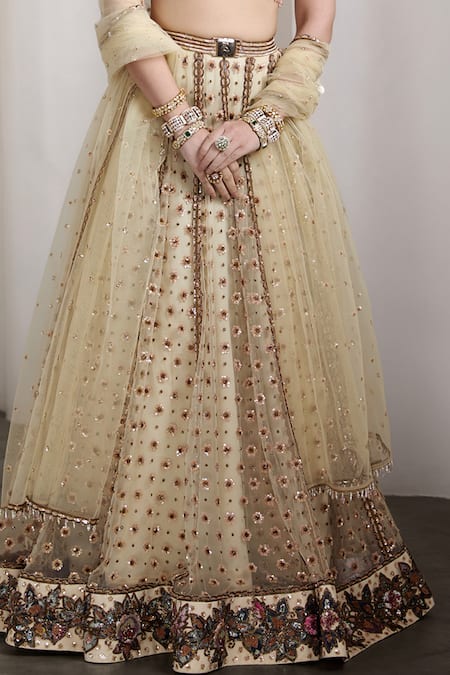 Shop_Rocky Star_Ivory Net Sequins, Beads V-neck Embellished Blouse And Lehenga Set _Online_at_Aza_Fashions