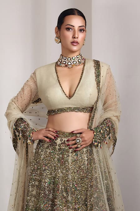 Rocky Star_Multi Color Net Sequins, Embroidery V-neck Embellished Blouse And Lehenga Set _Online_at_Aza_Fashions