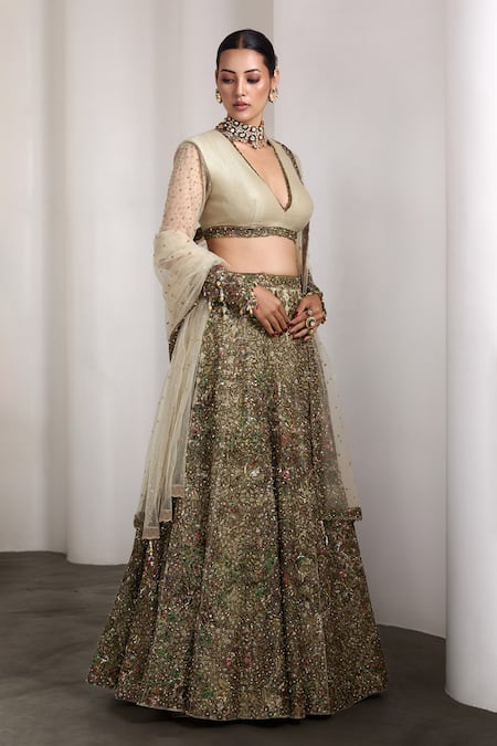 Buy_Rocky Star_Multi Color Net Sequins, Embroidery V-neck Embellished Blouse And Lehenga Set _Online_at_Aza_Fashions