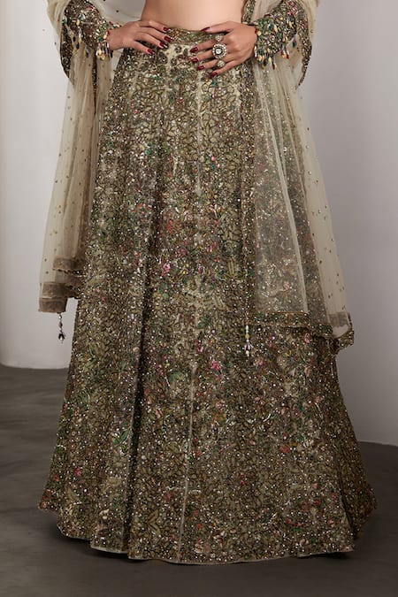 Shop_Rocky Star_Multi Color Net Sequins, Embroidery V-neck Embellished Blouse And Lehenga Set _Online_at_Aza_Fashions