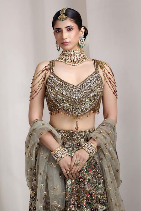 Rocky Star_Multi Color Net Sequins, Beads Embellished Blouse And Lehenga Set _Online_at_Aza_Fashions