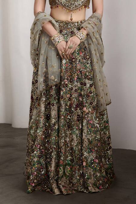 Rocky Star_Multi Color Net Sequins, Beads Embellished Blouse And Lehenga Set _at_Aza_Fashions