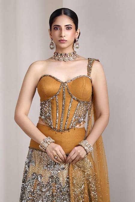 Rocky Star_Mustard Sequins Sweetheart Neck Embellished Blouse And Lehenga Set _Online_at_Aza_Fashions
