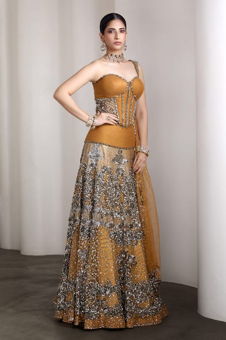 Buy_Rocky Star_Mustard Sequins Sweetheart Neck Embellished Blouse And Lehenga Set _Online_at_Aza_Fashions