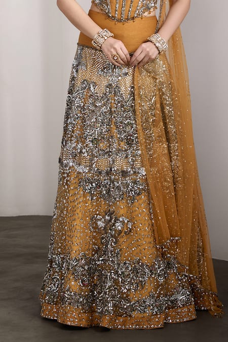 Rocky Star_Mustard Sequins Sweetheart Neck Embellished Blouse And Lehenga Set _at_Aza_Fashions