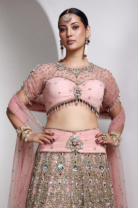 Rocky Star_Pink Net Sequins, Embroidery Round Neck Embellished Blouse And Lehenga Set _Online_at_Aza_Fashions