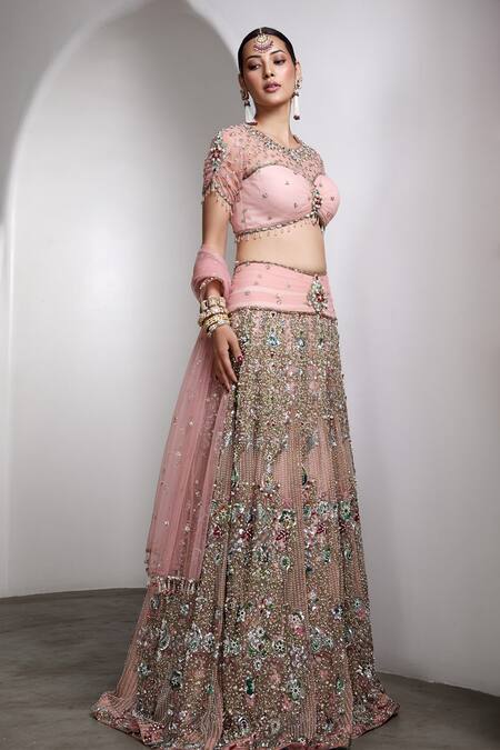 Buy_Rocky Star_Pink Net Sequins, Embroidery Round Neck Embellished Blouse And Lehenga Set _Online_at_Aza_Fashions