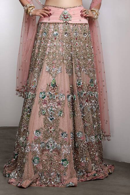 Rocky Star_Pink Net Sequins, Embroidery Round Neck Embellished Blouse And Lehenga Set _at_Aza_Fashions
