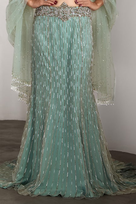 Shop_Rocky Star_Aqua Net Beads, Sequins Plunge Neck Embellished Blouse And Lehenga Set _Online_at_Aza_Fashions