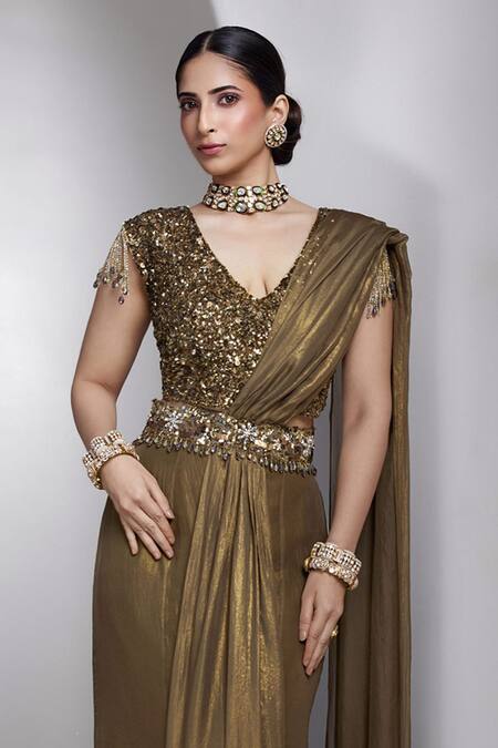 Rocky Star Olive Green Georgette, Net Sequins, Embellished Blouse And Pre-draped Saree Set Online at Aza Fashions Rocky Star_Olive Green Georgette, Net Sequins, Embellished Blouse And Pre-draped Saree Set _Online_at_Aza_Fashions