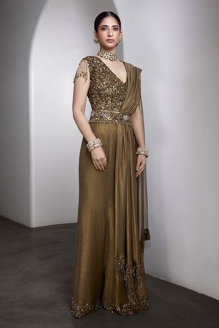 Buy Rocky Star Olive Green Georgette, Net Sequins, Embellished Blouse And Pre-draped Saree Set Online at Aza Fashions Buy_Rocky Star_Olive Green Georgette, Net Sequins, Embellished Blouse And Pre-draped Saree Set _Online_at_Aza_Fashions