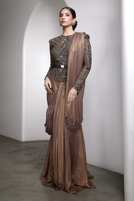 Rocky Star_Brown Georgette, Net Embroidery, Embellished Blouse And Pre-draped Saree Set _Online_at_Aza_Fashions