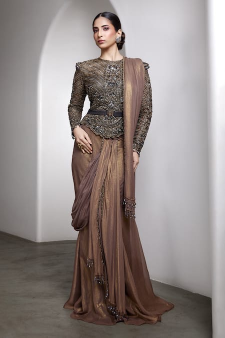 Buy_Rocky Star_Brown Georgette, Net Embroidery, Embellished Blouse And Pre-draped Saree Set _Online_at_Aza_Fashions