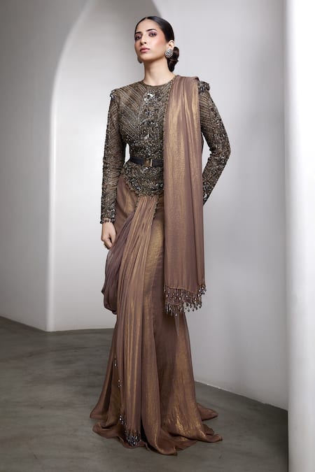 Shop_Rocky Star_Brown Georgette, Net Embroidery, Embellished Blouse And Pre-draped Saree Set _Online_at_Aza_Fashions