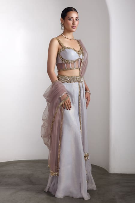 Rocky Star_Gray Georgette Zari Sweetheart Neck Embellished Blouse And Pre-draped Saree Set _Online_at_Aza_Fashions