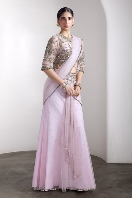 Rocky Star_Pink Net Embroidery Round Neck Embellished Blouse And Pre-draped Saree Set _Online_at_Aza_Fashions