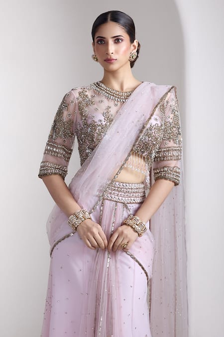 Buy_Rocky Star_Pink Net Embroidery Round Neck Embellished Blouse And Pre-draped Saree Set _Online_at_Aza_Fashions