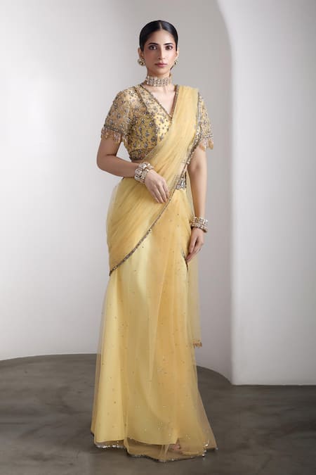 Rocky Star_Yellow Net Sequins V-neck Embellished Blouse And Pre-draped Saree Set _Online_at_Aza_Fashions
