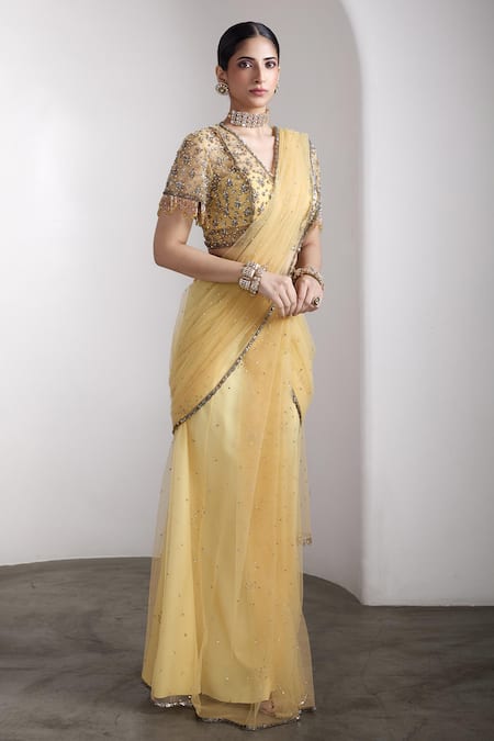 Buy_Rocky Star_Yellow Net Sequins V-neck Embellished Blouse And Pre-draped Saree Set _Online_at_Aza_Fashions